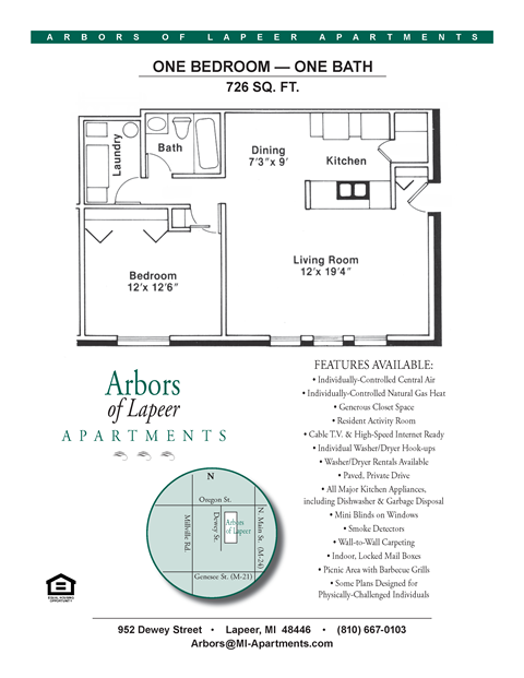 Floor plan for 1 bed, 1 bath, 726 sqft